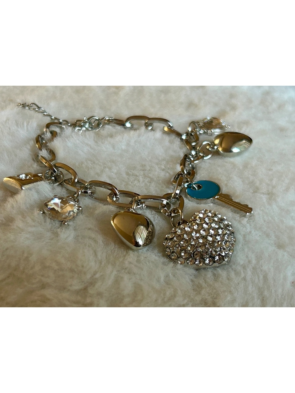 Silver Charm Bracelet with Heart, Key, and Crystal Accents